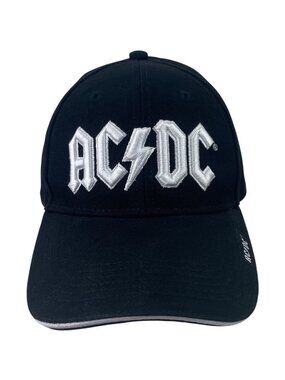 AC/DC White Embroidered Logo Adjustable Black Baseball Hat Distressed